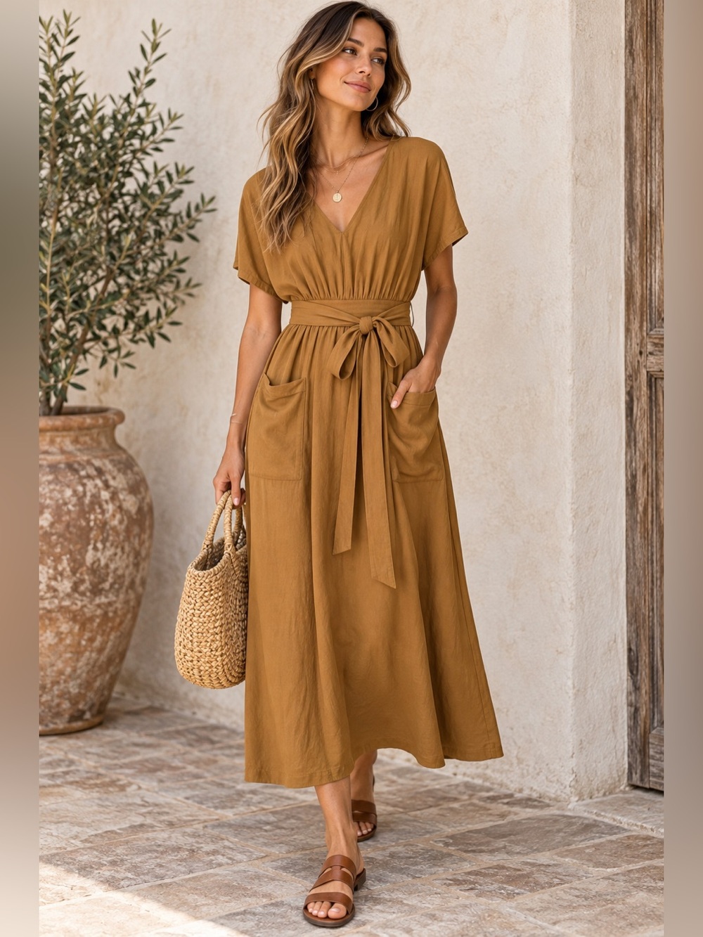Madewell Linen Blend Dolman Sleeve Tie Waist Midi Dress Pockets Size 2 Coastal